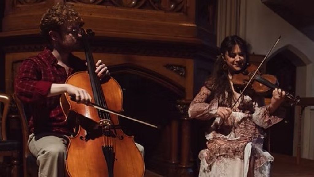 A man playing a cello and a woman playing a violin, both performing in a beautifully decorated indoor space.